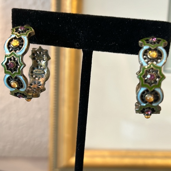 Vintage Nancy and Rise Enamel Brass Tone Hoop Earrings - Picture 3 of 7